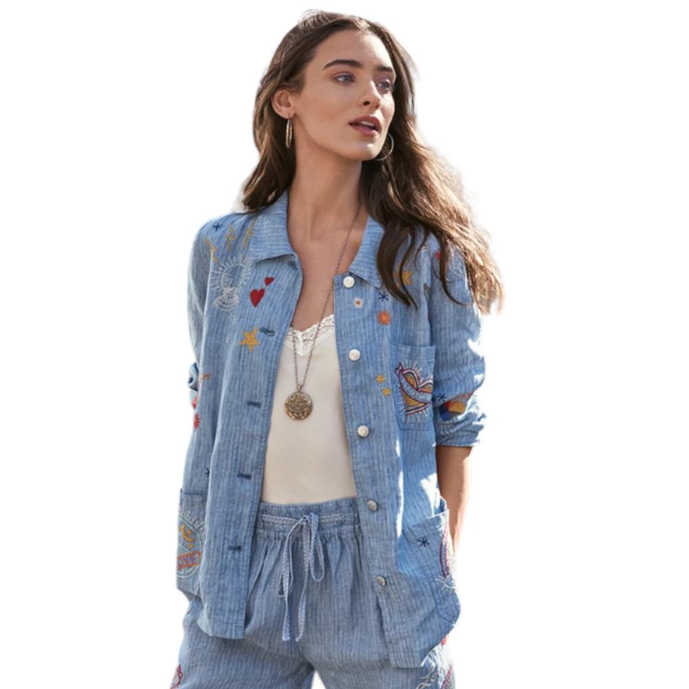 Johnny Was Light Blue Embroidered Button-Up Blouse